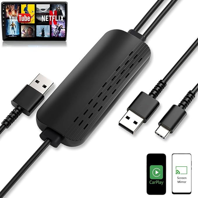 Car Screen Mirroring Adapter with Wireless CarPlay - Supports Watching Any App (YouTube, Net-flix, TikTok, etc.), Siri Control & Phone Charging, Compatible with Factory-CarPlay Equipped Vehicles.
