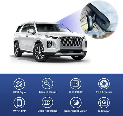 Fitcamx 4K Dash Cam Suitable for Hyundai Palisade 2020 2021 2022 (Part No#S8000) Limited SE SEL Calligraphy, OEM Look, UHD 2160P Video, Loop Recording, WiFi & APP, G-Sensor, Easy to Set, 64GB Card