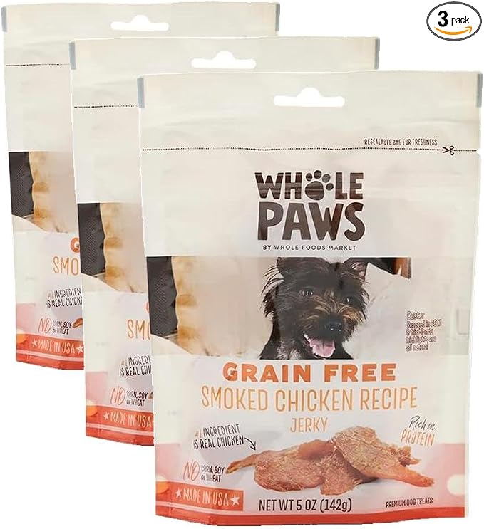 Whole Paws, Grain-Free Jerky Dog Treats, Smoked Chicken Recipe, 5 Ounce (Pack of 3)