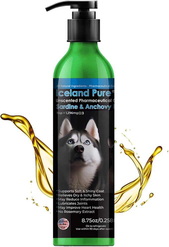 Sardine Anchovy Oil | Wild Caught | 1597mg of Omega 3 per teaspoon | Unscented Pharmaceutical Grade | For Dogs and Cats | BPA-Free Brushed Aluminum Epoxy coated Bottle with Pump 8.75oz