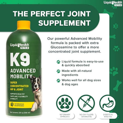 LIQUIDHEALTH Pets K9 Advanced Mobility Liquid Glucosamine Level 5000 for Large Dogs with Chondroitin, MSM, Boswellia Serrata - Dog Hip & Joint Health Vitamins, Pet Joint Oil Juice - USA Made (3 Pack)