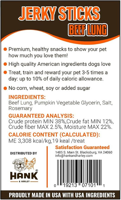 Hank & Harley Jerky Sticks Beef Lung 1 lb - USA Lean Protein Soft Dog Treats with Pumpkin. 100% Natural, NO Added Sugar, Flour or fillers. Ideal for finicky Pets