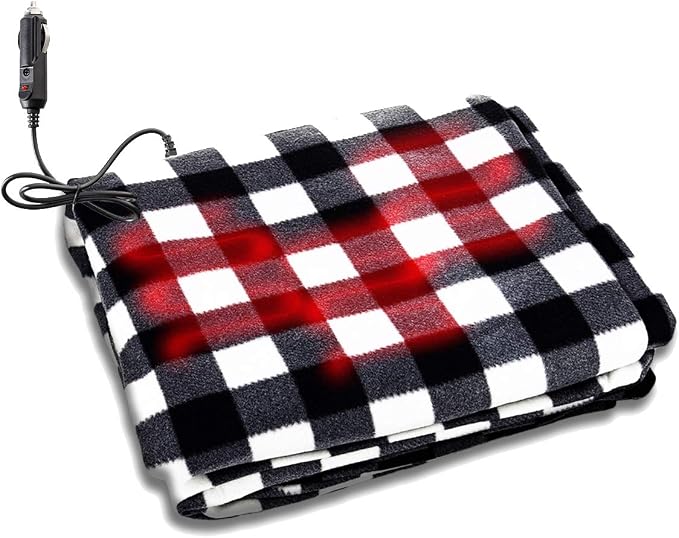 ZONETECH Car Travel Blanket –Premium Quality 12V Automotive Black and White Plaid Polar Fleece Material Comfortable Great for Winter, Home, Road Trip and Camping