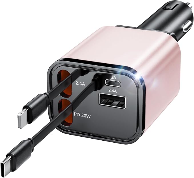 84W Retractable Car Charger,Car Phone Charger USB C Fast Charge for iPhone | EloBeth Car Charger,Cigarette Lighter USB Charger Car Accessories,Road Trip Essentials Gift for Men,for iPhone 17/16,Galaxy