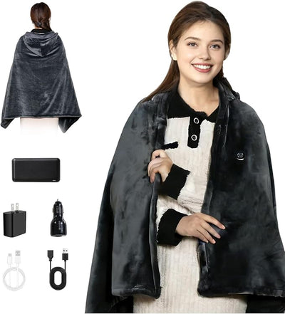 Cordless Heated Blanket with Hood, Rechargeable Wearable Heated Blanket Battery Powered with lasting Battery, Portable Heated Throw Blanket with 9 Heating Zones & 3 Levels, Camping (Warm Shadow Gray)