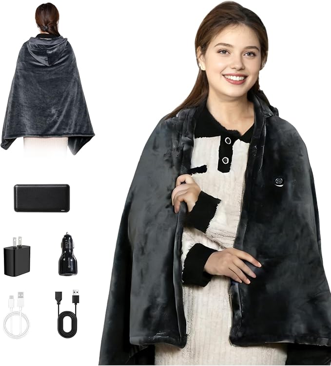 Cordless Heated Blanket with Hood, Rechargeable Wearable Heated Blanket Battery Powered with lasting Battery, Portable Heated Throw Blanket with 9 Heating Zones & 3 Levels, Camping (Warm Shadow Gray)