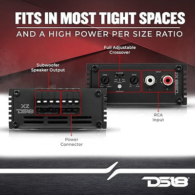 DS18 X2 Ultra Compact Car Audio Amplifier Class D 2 Channel Full Range 1140 Watts Peak (Renewed)