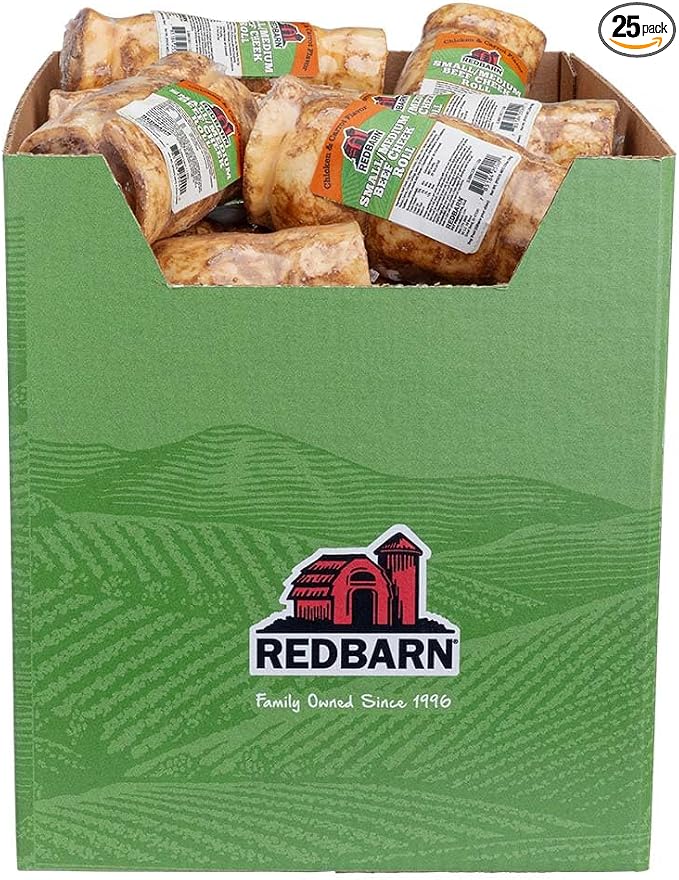 Pet Products All-Natural Beef Cheek Rolls for Dogs, Grain-Free Cow Cheeks, Rich in Collagen, Available in Chicken & Carrot Glaze or Uncoated Chicken & Carrot, Small/Medium (Pack of 25)