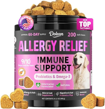 Dog Allergy Chews, Dog Allergy Relief for Itching Skin, Paw Licking, Yeast Relief, Hot Spots, Itchy Ears & Seasonal Allergies, Immune Support– with Colostrum, Probiotics – Chicken Flavor (200ct)