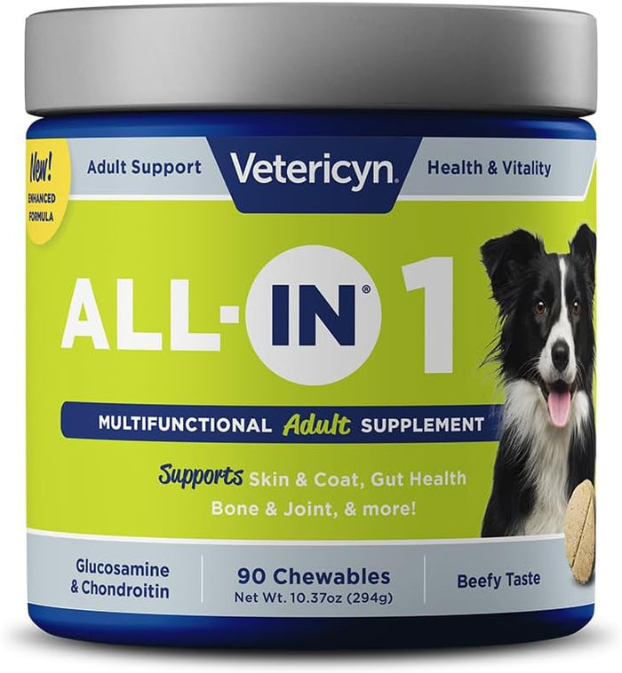 All-in 1 Multifunctional Dog Supplement | Digestive Enzymes + Glucosamine and Chondroitin for Bone and Joint Support + Vitamins, Antioxidants, Prebiotics, Probiotics, and Omegas. 90 Count