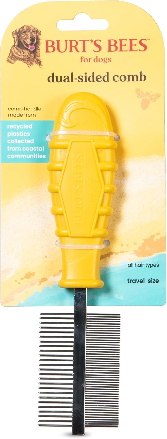 Burt's Bees for Pets Dual Sided Flea Comb with Handle from Recycled Coastal Plastics, Fine and Wide Stainless Steel Pins Remove Fleas, Flea Eggs, Tangles, and Dander, 6 Inch