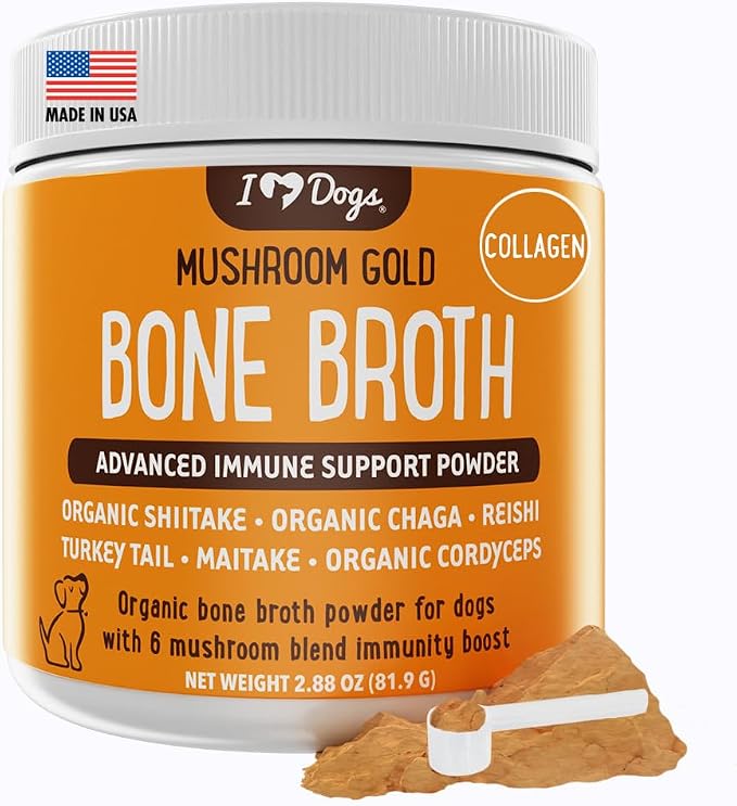 Bone Broth & Collagen for Dogs - Bone Broth & Mushroom Gold Powder Supplement for Immune System Support, Improved Mobility & Flexibility and Natural Detox - Turkey Tail Mushroom for Dogs