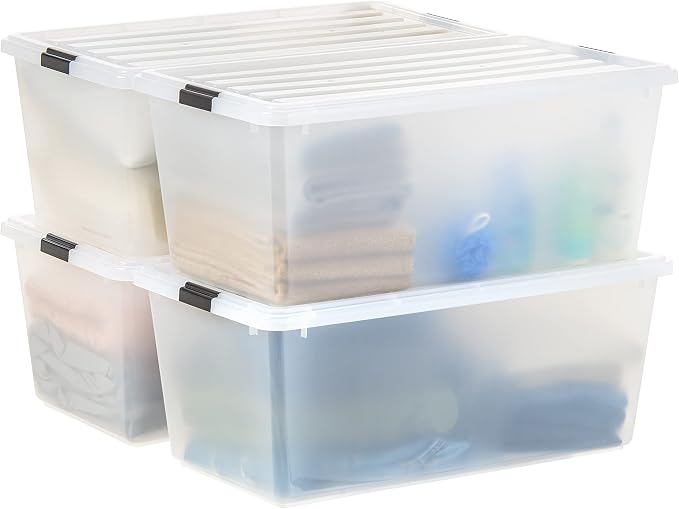 91 Qt Stackable Plastic Storage Bins with Lids, 4 Pack - BPA-Free, See-Through Organizing Solution, Latches, Durable Nestable Containers, Secure Pull Handle, Made in USA - Clear