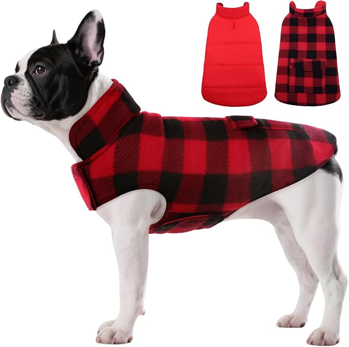 Dog Winter Coat, Fleece Doggie Jacket Plaid Reversible Vest Waterproof Windproof Cold Weather Clothes for Small Medium Large Dogs(XS, Red)