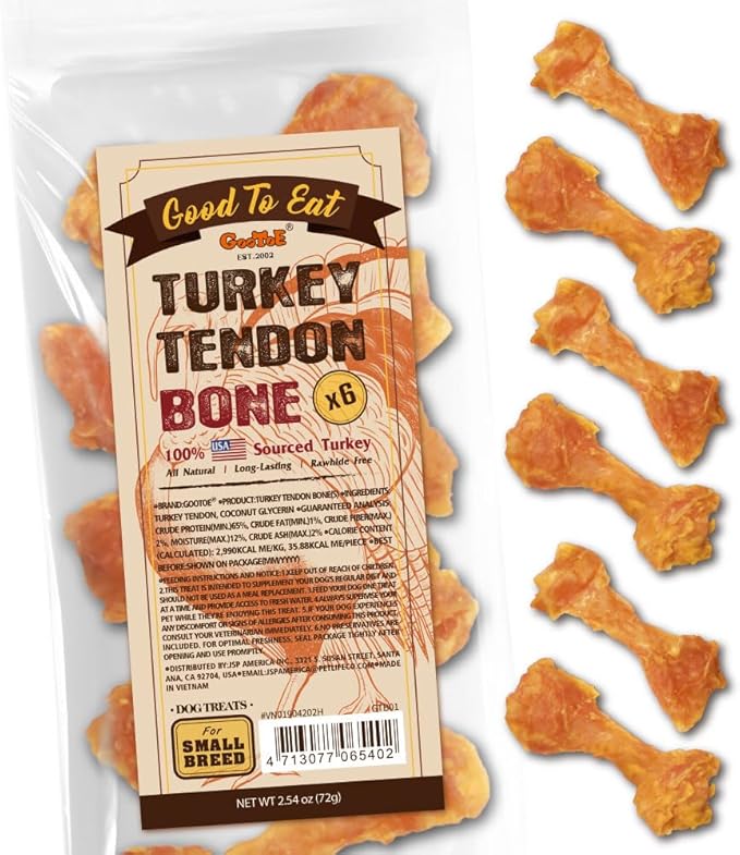 Turkey Tendons for Dogs –All-Natural, Hypoallergenic Dog Treats, Rawhide Alternative, Long Lasting Puppy Chews, Healthy Dog Treats for Small Breeds, Bone (S), 6 Count Pack
