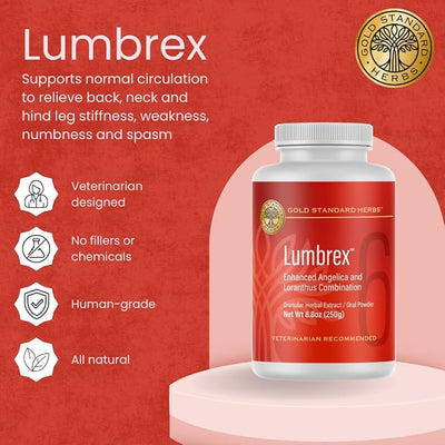 Lumbrex Joint Pain and Stiffness Relief Supplement for Dogs by Gold Standard Herbs, All Natural Angelica Root and Loranthus, 250 gram Powder