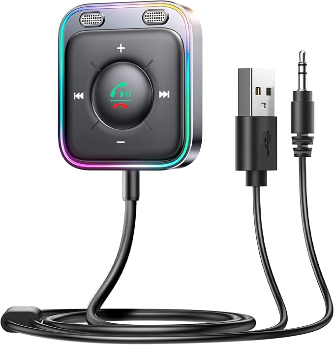 Bluetooth 6.0 AUX Car Adapter, Dual Mics Noise Cancellation, Plug-and-Play, Multifunction Button, 3.5mm Audio Adapter Bluetooth Receiver for Car Hands-Free Calls & Music, Gift for Men, Black
