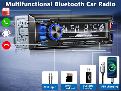 Car Radio Bluetooth Single DIN Car Stereo with Bluetooth,Car Audio with Push to Talk Button for Handsfree Calling,FM/ MP3/EQ/SD/AUX,Dual USB,iOS & Android App Control,7 LED Colors | No CD Player