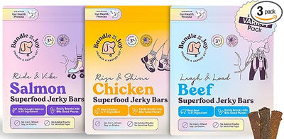 Bundle x Joy Dog Treats Jerky Snack Bars, Variety 3-5 oz Bags, Training Treats, Natural Superfood Grain Free, Real Salmon, Chicken, Beef, Superfoods, Corn & Soy Free