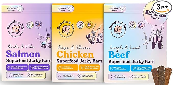 Dog Treats Jerky Snack Bars, Variety 3-5 oz Bags, Training Treats, Natural Superfood Grain Free, Real Salmon, Chicken, Beef, Superfoods, Corn & Soy Free
