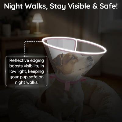 Clear Dog Cone for Small Dogs After Surgery, Adjustable E-Collar to Stop Licking with Padded Neck for Mini Schnauzer, Soft Recovery Collar with Reflective Trim for Night Visibility, Pink S