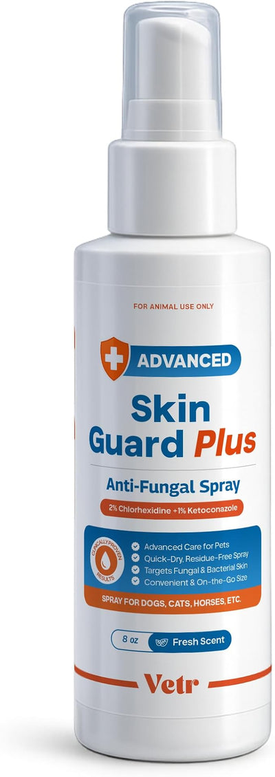 vetr Skin Guard Plus Chlorhexidine Ketoconazole Spray, Dogs Cats Horses, 8oz | One 8 oz bottle, Fresh Scent, 2% / 1% dual-action formula, Soothes itchy, irritated skin, Controls odors