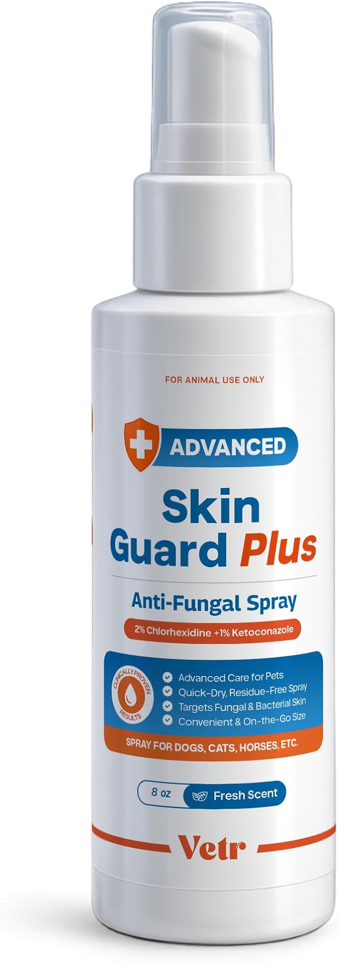 Skin Guard Plus Chlorhexidine Ketoconazole Spray, Dogs Cats Horses, 8oz | One 8 oz bottle, Fresh Scent, 2% / 1% dual-action formula, Soothes itchy, irritated skin, Controls odors