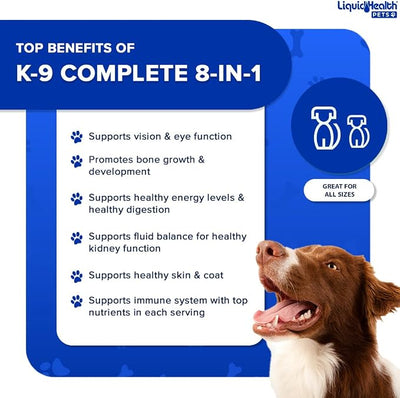 LIQUIDHEALTH Pets K9 Complete 8-in-1 Liquid Multivitamin for Adult Senior Dogs & Puppies, All in One Complete Formula Canine Vitamins for Skin & Coat, Joint Health, Immune Support - USA Made (32 oz)