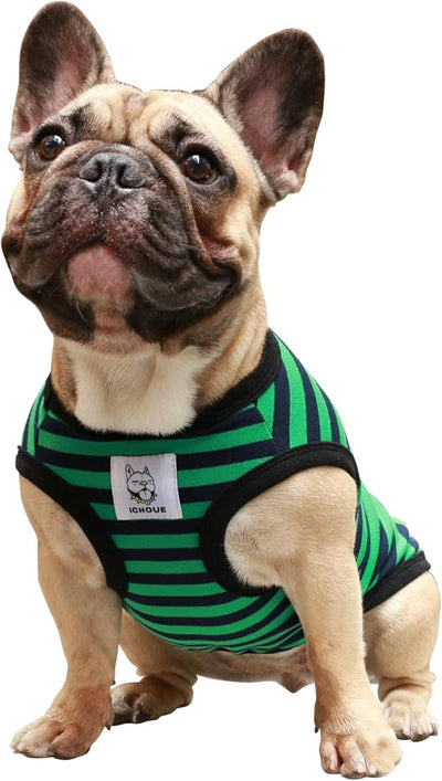 iChoue French Bulldog 100% Breathable Cotton Striped T Shirts Halloween Vest Clothes for Medium Dogs Tank Tops Frenchie Pug English Boston Terrier Pitbull Green Black Stripes - Large Plus