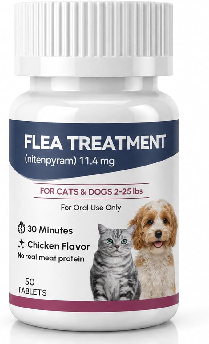 Oral Flea Treatment for Cats and Dogs, Nitenpyram 11.4mg Oral Flea Control Pills, Fast Acting Tablets for Kitten and Puppy 2-25 lbs, Starts in 30 Minutes, Chicken Flavor (50 Tablets)
