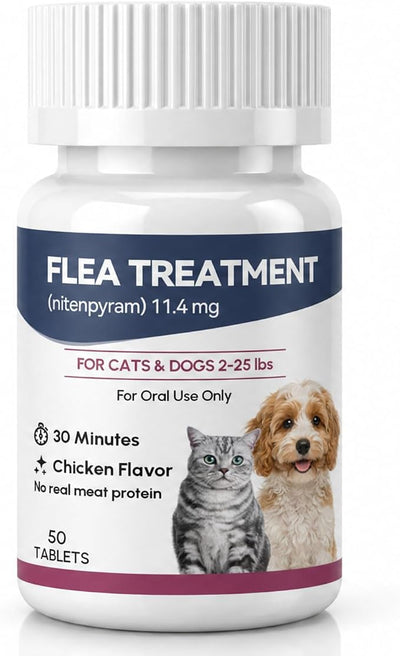 Oral Flea Treatment for Cats and Dogs, Nitenpyram 11.4mg Oral Flea Control Pills, Fast Acting Tablets for Kitten and Puppy 2-25 lbs, Starts in 30 Minutes, Chicken Flavor (50 Tablets)
