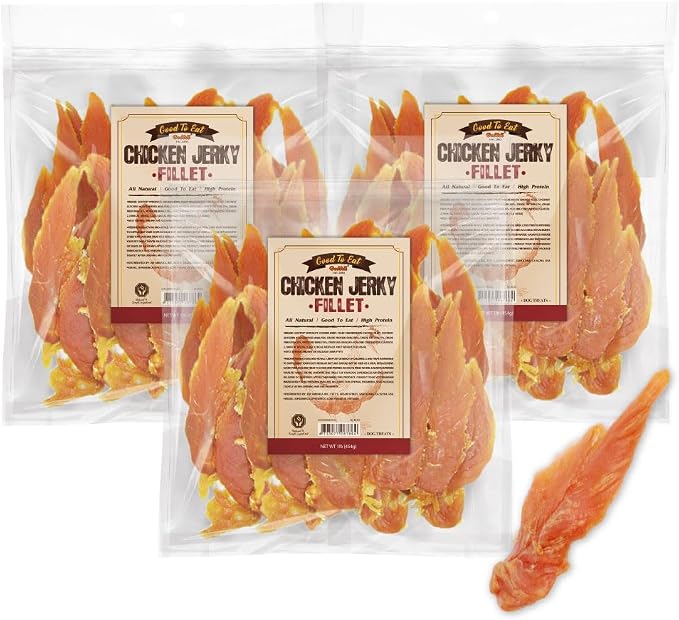 Dog Treats, Chicken Jerky for Dogs - Dog Training Treats; High-Protein, Gluten-Free, Hypoallergenic, Grain-Free, Chicken Fillets, 1 lb (Pack of 3)