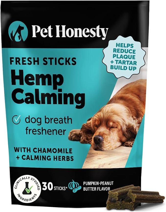 Hemp Calming Dog Dental Sticks - Reduce Stress + Occasional Anxiousness with Melatonin + Hemp to Promote Calm, Reduce Plaque + Tartar, Fresh Breath Teeth Cleaning Treats (Pumpkin Peanut Butter, 30 Ct)