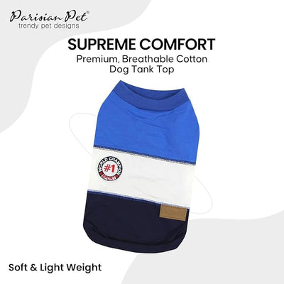 Parisian Pet World Champion Dog Tank Top - Breathable Cotton Pet Apparel - Blue Puppy Clothes - Lightweight Doggie T Shirts for Dogs - Comfortable Sporty Dog Clothes - Summer Shirts for Large Dogs