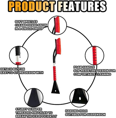 27" Snow Brush and Ice Scrapers for Car Windshield and Window, Detachable Winter Snow Remover Ice Shovel Tool with Ergonomic Foam Grip & No Scratch Bristles, Car Accessories for Truck SUV (Red)
