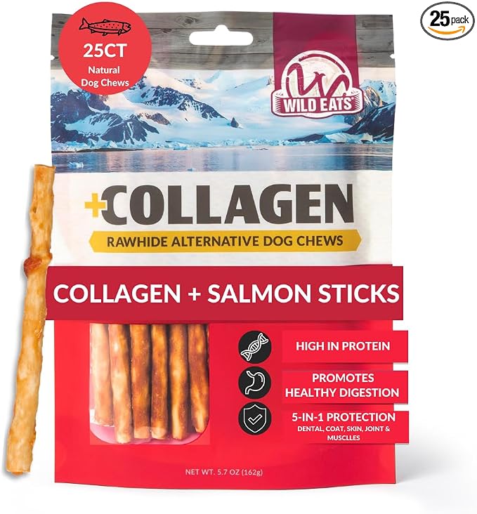 Collagen Real Salmon Bully Sticks for Dogs 25ct - Long Lasting Dog Chews No Hide Dog Treat Bully Stick Alternative, Rawhide Free, Grain Free, High Protein