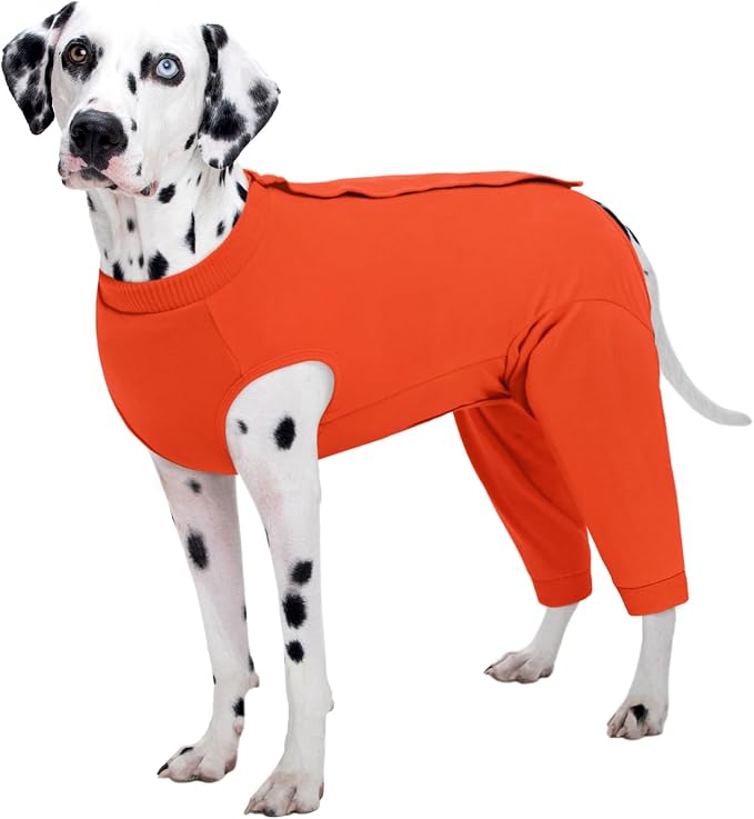 Kuoser Dog Recovery Suit with Anti Licking Rear Leg Sleeve, Orange 4XL | Abdominal Dog Surgical Suit with Pants Cover Protect Wounds, Dogs Elbow Protector Soft Pet Surgery Onesie Cone Alternative