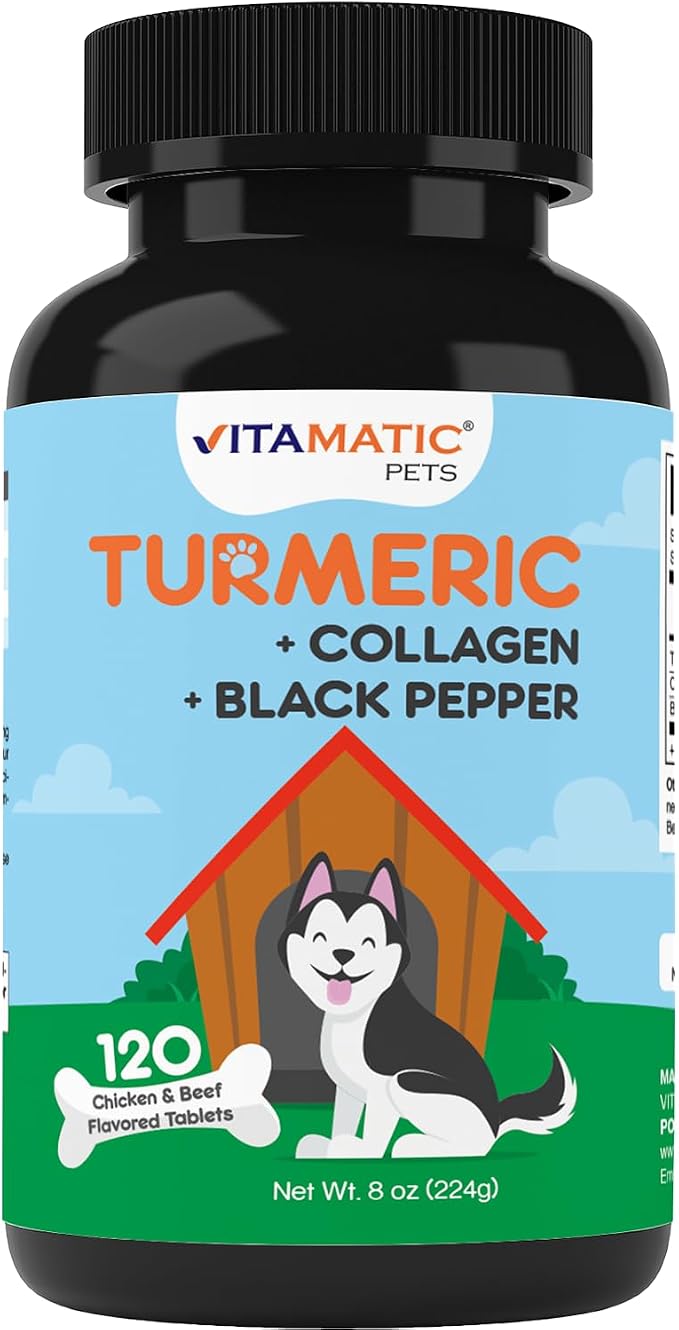 Turmeric for Dogs – 120 Chewable Tablets – Anti-Inflammatory Pain Relief with Curcumin, Collagen & Black Pepper – Hip & Joint Support for Dogs
