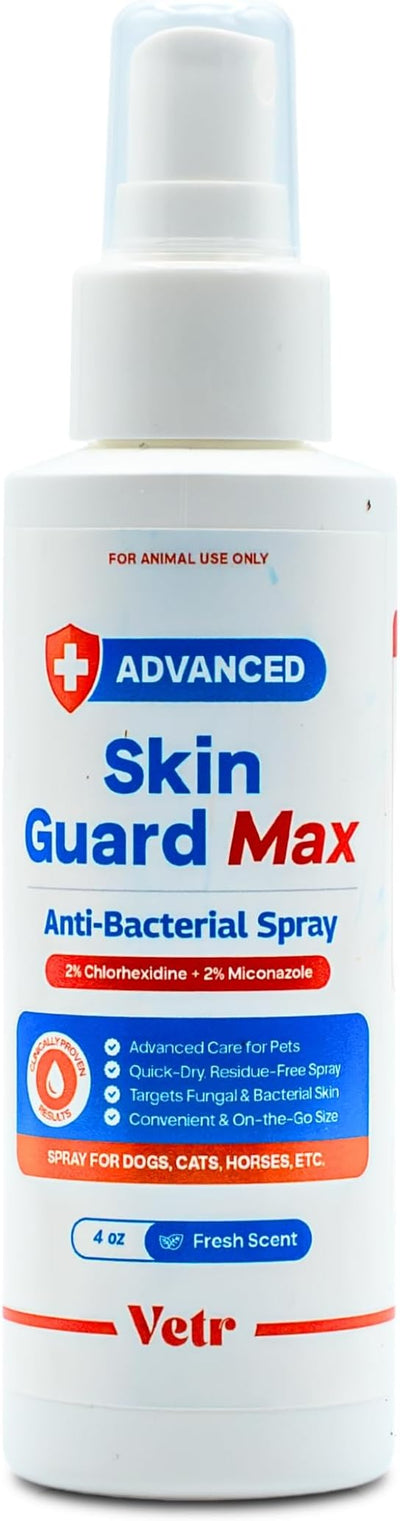 vetr Skin Guard Max Chlorhexidine Miconazole Spray, Dogs Cats Horses, 2pk | Set of two 4 oz bottles / Dual-action 2% / 2% formula; Soothes dry, irritated skin; Cleanses skin & coat