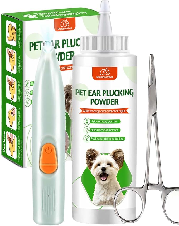 Dog Ear Powder Hair Removal Kit–Safe Grooming Set with 30g Ear Powder, LED Silent Trimmer & 5.5in Tweezers All-in-One Ear Care Solution for Dogs &Cats,Odor Control & Hygiene Support, Home Grooming Kit