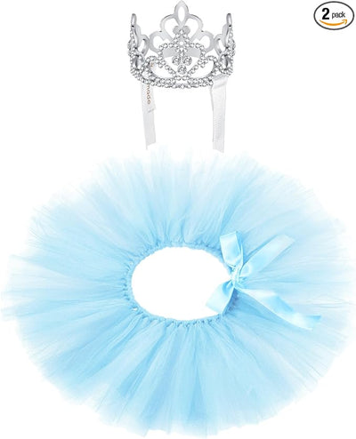 2 Pcs Dog Crown Headband Dog Tutu Dress Set Crystal Rhinestone Tiara Crown Tutu Skirt Pet Dress Costume for Puppy Birthday Party Wedding Photo Prop Costume(Blue,X Large)