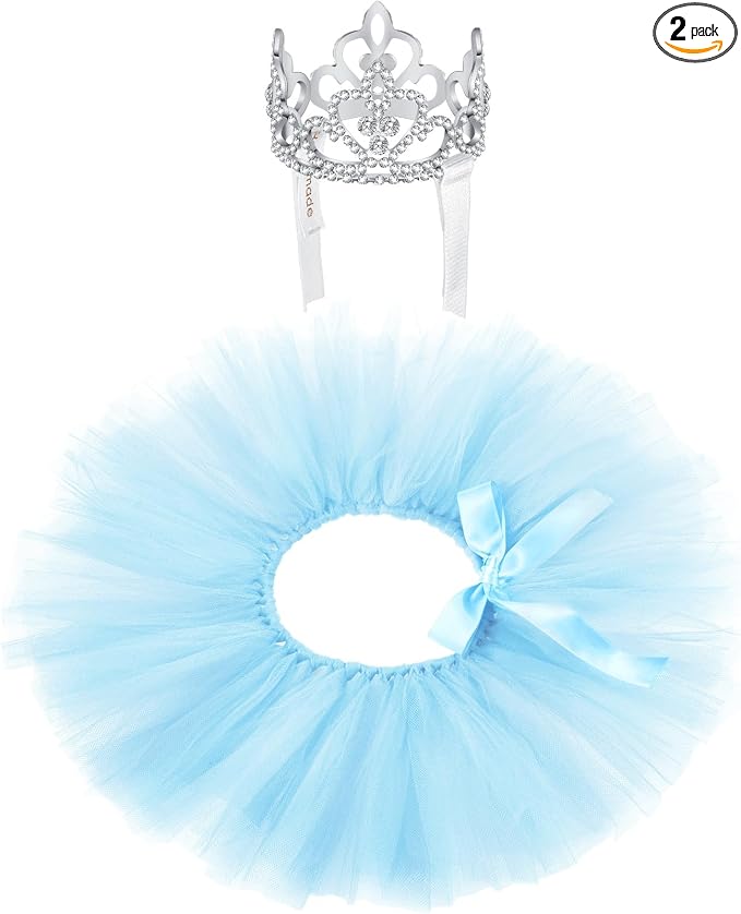 2 Pcs Dog Crown Headband Dog Tutu Dress Set Crystal Rhinestone Tiara Crown Tutu Skirt Pet Dress Costume for Puppy Birthday Party Wedding Photo Prop Costume(Blue,X Large)