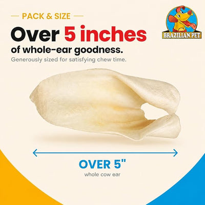 Brazilian Pet 100% Natural Real Cow Ears (50 Pack) Prime Dog Chews, Over 5 inches Free Range Grass Fed Cattle, No additives, Chemicals or Hormones