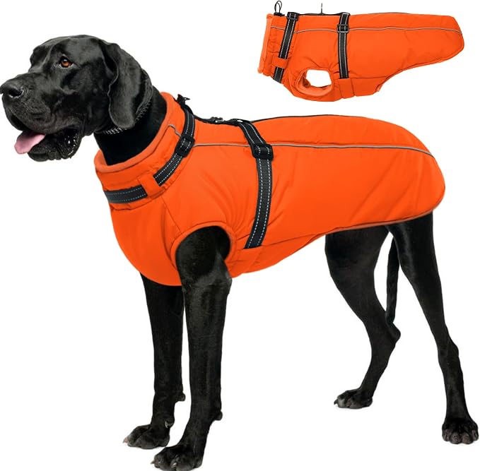 Dog Winter Coat Waterproof Dog Jacket with Harness Built in Windproof Reflective Pet Coats for Small Medium Large Dogs, Thermal Fleece Lined Coats for Cold Weather Walking Hiking, Orange, XXL