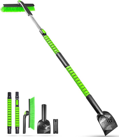 SEAAES 61.5 Inch Long Snow Brush with 5.2" Extra Wide Ice Scraper for Truck, Extendable Snow Scraper with Foam Grip, 360° Pivoting Brush for Car SUV Jeep RV Vehicle Windshield Window - Green