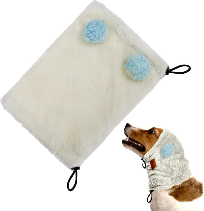 Dog Ear Muffs Noise Protection - Soft Calming Hood for Anxiety Relief, Fireworks, Thunder, Grooming & Vet Visits - Elastic Headband & Comfortable Neck Warmer for Travel (White, Small)