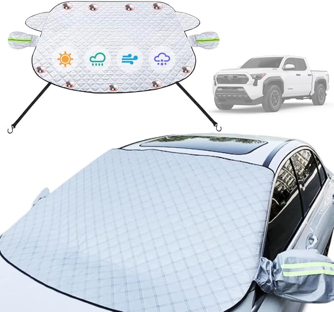 Car Windshield Cover Compatible with Toyota Tacoma 2025 2024 2023 2022-2016 New Upgraded Custom Fit Magnetic Windproof Sunshade Cover 4-Layer Protection Ice, UV,Frost Wiper & Mirror Covers