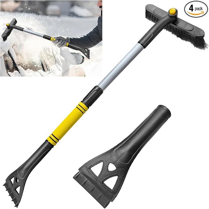 KITUREK 31.5" Detachable Snow Brush and Ice Scraper for Car Windshield, 2-in-1 Winter Snow Removal Tool with Extendable, 360° Rotating Soft Bristle Brush Head and Foam Grip for Most Vehicles (Yellow)