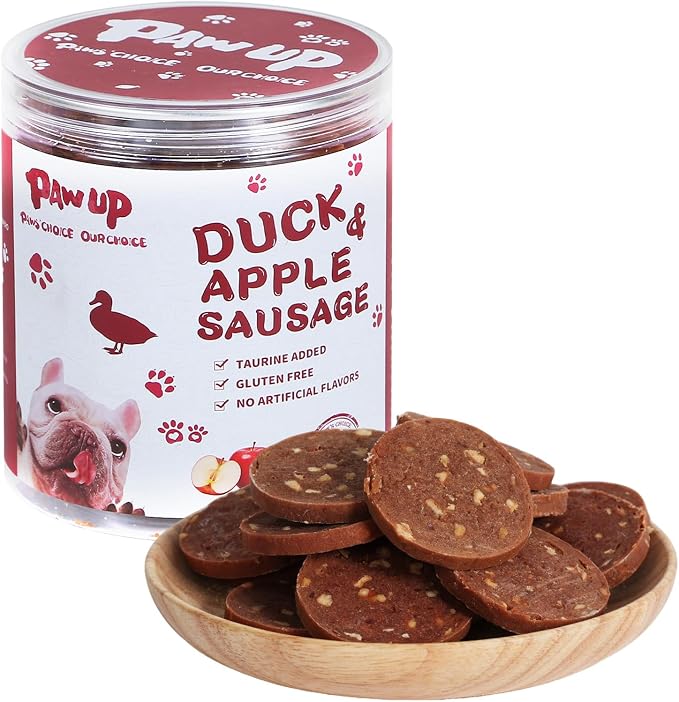 Duck Jerky Dog Treats – Duck & Apple Sausage Slices, Training Treats with Taurine for Small, Medium & Large Dogs, 12.5 oz
