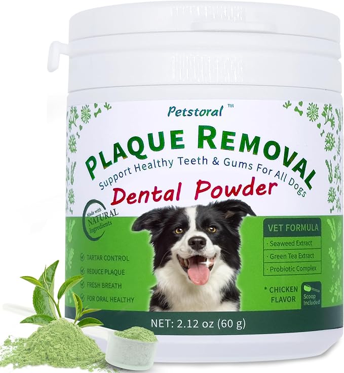 Petstoral Natural Dog Dental Powder, Dog Dental Care - Plaque Remover and Bad Breath Treatment, Healthy Gums & Fresh Breath for All Dogs and Cats 2 oz.